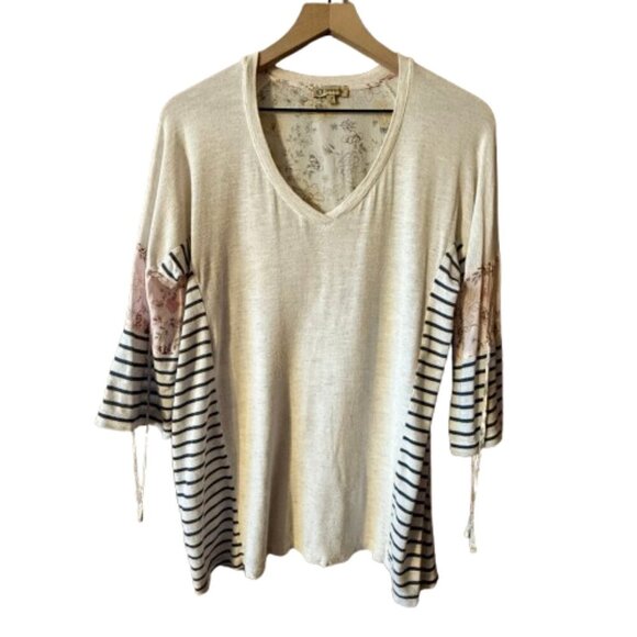 Women's S Democracy Striped Floral Blouse Multicolor Tie Pull Sleeve Bohemian - Picture 1 of 6